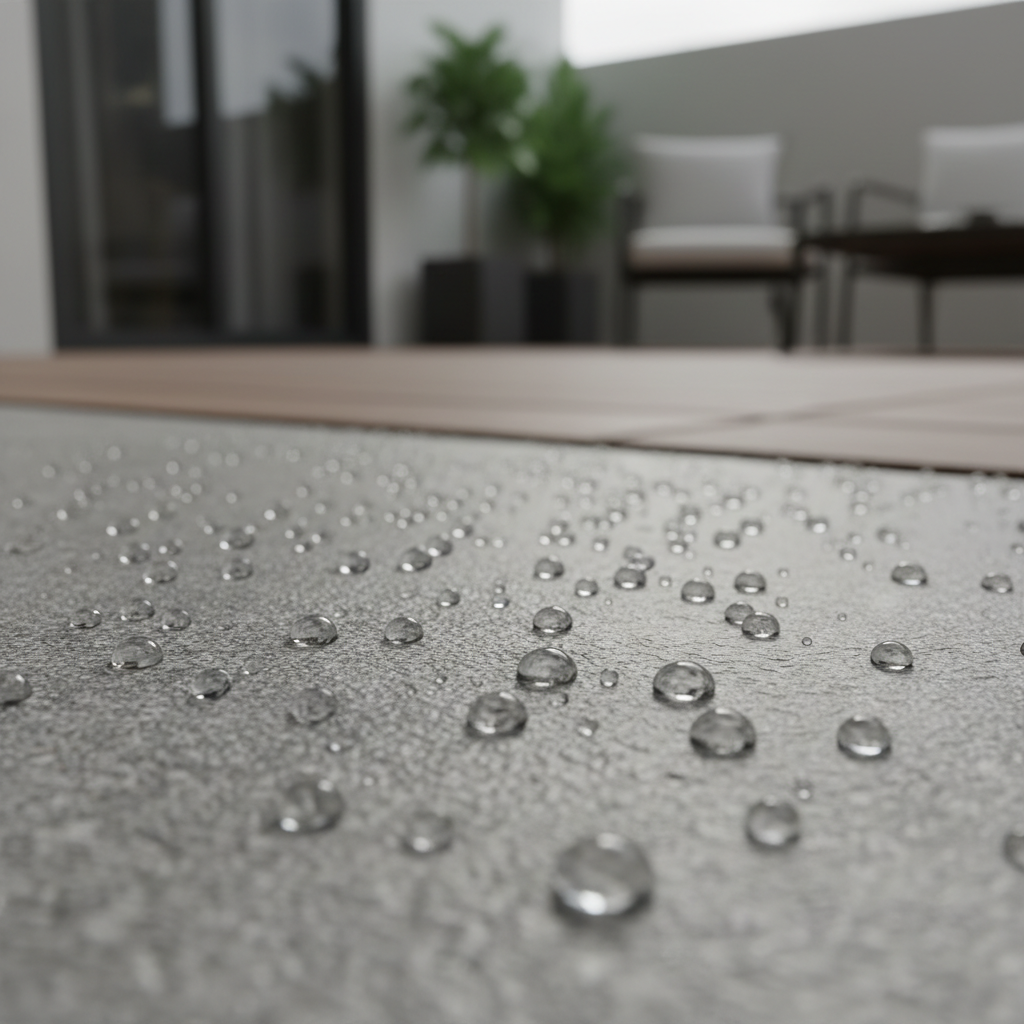 Zbliżenie na krople wody na zaimpregnowanej powierzchni betonowej. Krople powinny być wyraźnie widoczne, jakby stały na powierzchni, co ilustruje efekt hydrofobowy. W tle lekko rozmyte otoczenie tarasu.