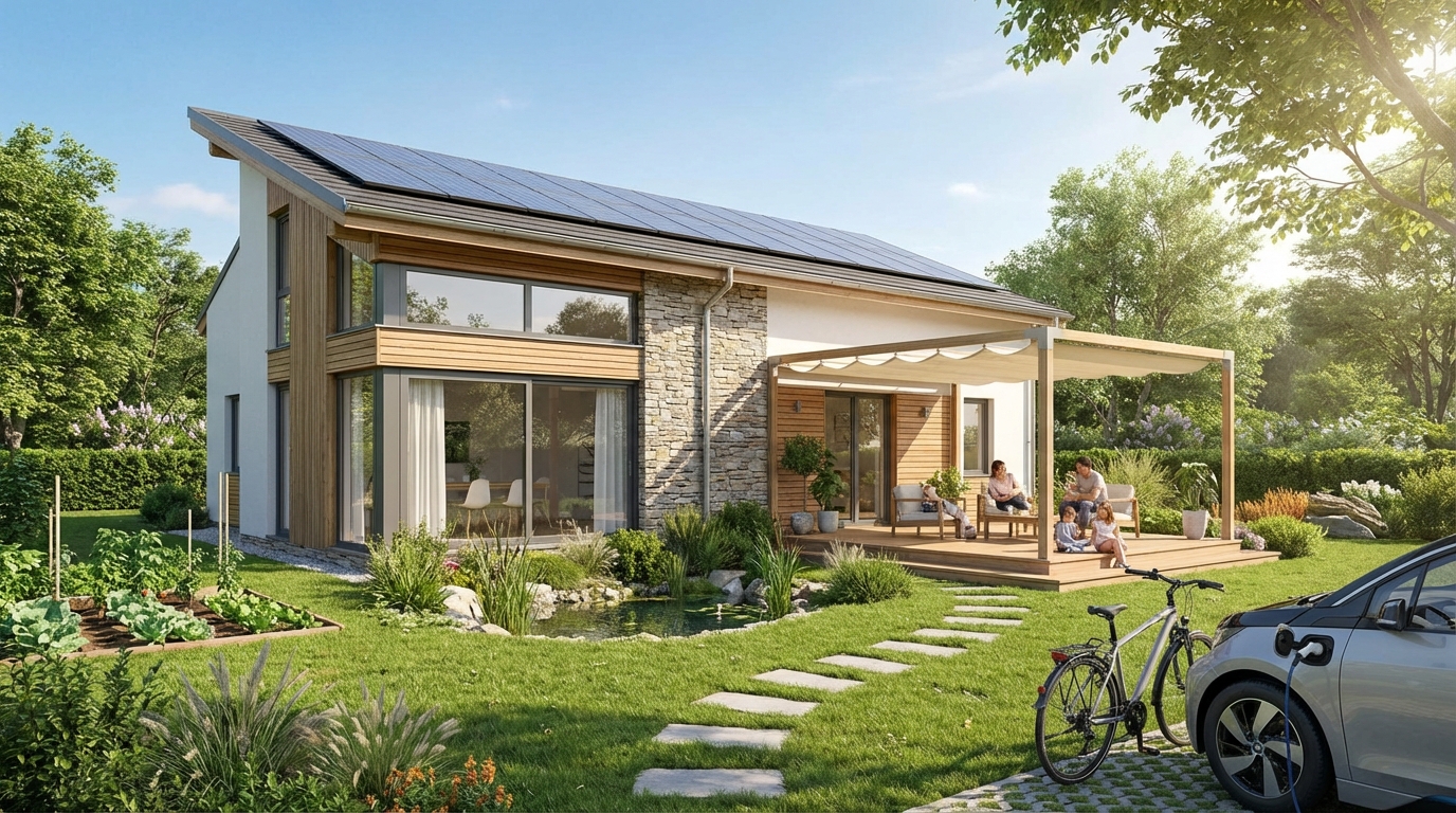 Nowoczesny dom jednorodzinny z zadbanym, zielonym ogrodem w słoneczny dzień, symbolizujący ekologiczne i komfortowe życie blisko natury.