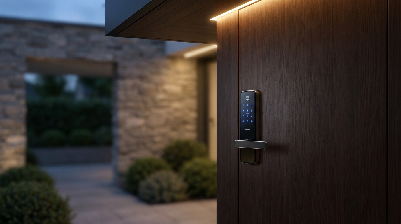 Eleganckie, nowoczesne drzwi wejściowe do domu w minimalistycznym stylu. Na drzwiach zamontowany jest srebrny lub czarny zamek elektroniczny Yale YDR3110. Światło delikatnie oświetla panel dotykowy zamka, sugerując jego zaawansowaną technologię. Tło jest lekko rozmyte, skupiając całą uwagę na drzwiach i zamku, co symbolizuje bezpieczeństwo i nowoczesność.
