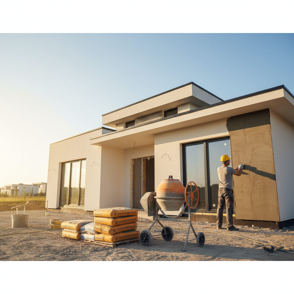 Fotorealistyczne, jasne i słoneczne ujęcie nowoczesnego domu jednorodzinnego w budowie. Na pierwszym planie widać czysty i uporządkowany plac budowy, z kilkoma workami gotowej zaprawy budowlanej ułożonymi schludnie obok betoniarki. W tle pracownik w czystym ubraniu roboczym nakłada tynk na ścianę. Atmosfera profesjonalizmu i precyzji, ciepłe oświetlenie.