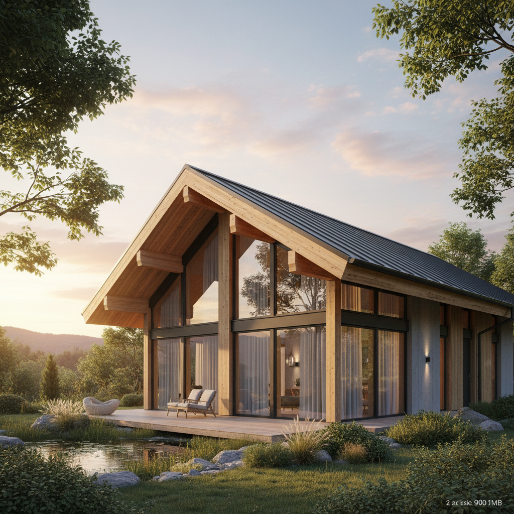 Nowoczesny dom jednorodzinny z widoczną drewnianą konstrukcją dachu i dużymi przeszkleniami, otoczony zielenią, w ciepłym świetle zachodzącego słońca. Obraz ma emanować spokojem, ciepłem i ekologicznym charakterem budownictwa.