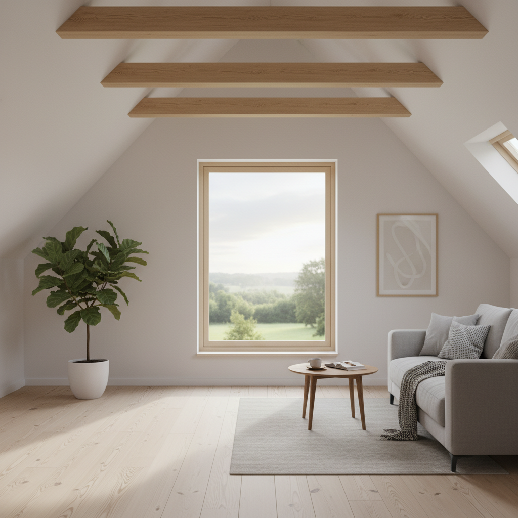 Jasne, przestronne poddasze zalane naturalnym światłem wpadającym przez duże, nowoczesne okno dachowe Roto. Widok za oknem to spokojny, zielony krajobraz o poranku. Wnętrze jest minimalistyczne, w skandynawskim stylu, z widocznymi drewnianymi belkami i jasną podłogą, co podkreśla poczucie komfortu, spokoju i idealnej integracji okna z architekturą domu.