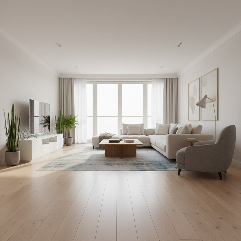 Piękne, nowoczesne wnętrze salonu z jasnymi panelami podłogowymi, sfotografowane z niskiego kąta, aby podkreślić powierzchnię podłogi. Wnętrze jest spokojne i ciche, oświetlone miękkim, naturalnym światłem wpadającym przez duże okno, co wizualnie oddaje poczucie komfortu i ciszy.