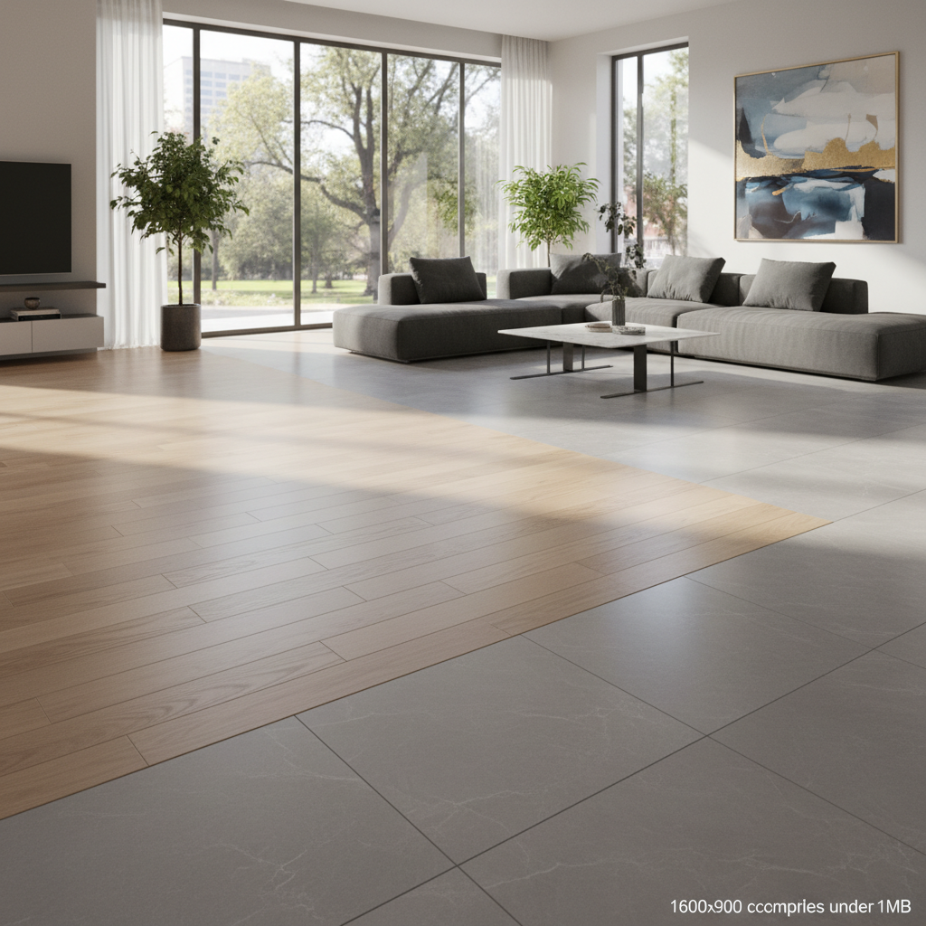 Przestronne, nowocześnie urządzone wnętrze z dużymi oknami, przez które wpada naturalne światło. Na pierwszym planie widoczna jest piękna, nowa podłoga, częściowo drewniana, a częściowo z dużych, eleganckich płytek, pokazująca harmonijne połączenie różnych materiałów.