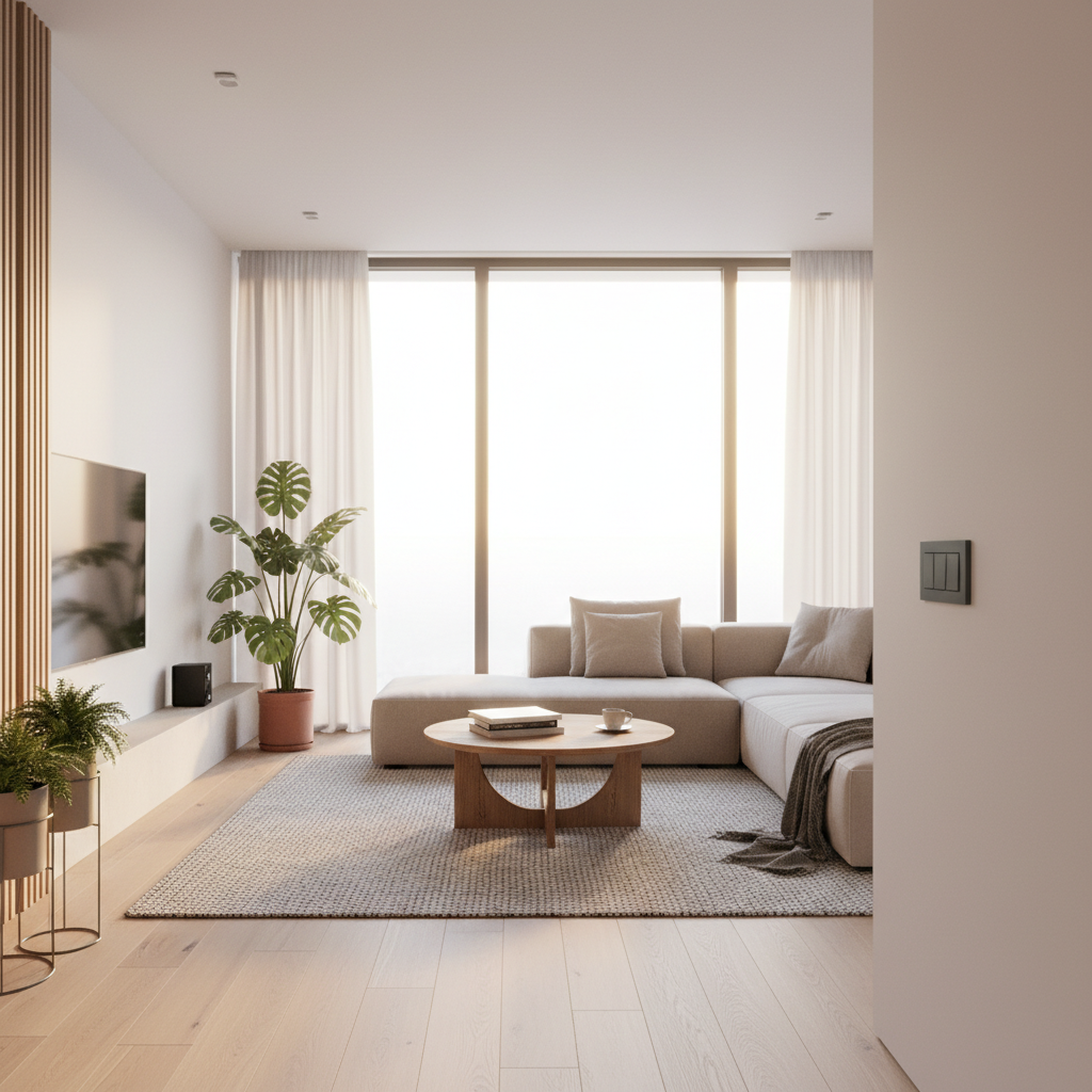 Szerokie ujęcie nowoczesnego, minimalistycznego salonu z dużymi oknami, zalanego naturalnym światłem. Wnętrze jest eleganckie i przytulne, z sofą, stolikiem kawowym i kilkoma roślinami. Na ścianie widoczny jest subtelny, designerski włącznik światła z serii Sistena Life. Atmosfera spokoju i komfortu, technologia jest dyskretnie wkomponowana w tło. Styl fotorealistyczny, ciepłe barwy.