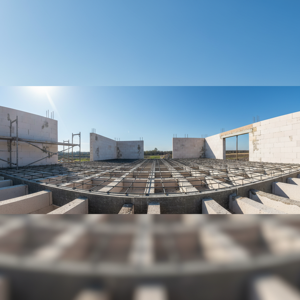 Szeroki kadr przedstawiający nowoczesny dom jednorodzinny w trakcie budowy. Na pierwszym planie widoczna jest konstrukcja stropu gęstożebrowego z ułożonymi pustakami i zbrojeniem, gotowa do zalania betonem. W tle widać ściany budynku i słoneczne niebo.