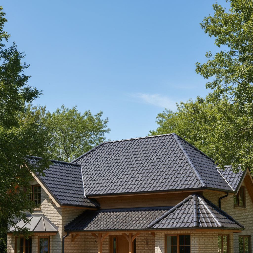 Piękny, ukończony dach z ceramicznej dachówki w odcieniach antracytu, lśniący w słońcu. W tle widać błękitne niebo i korony drzew, co tworzy obraz idealnego, bezpiecznego domu.