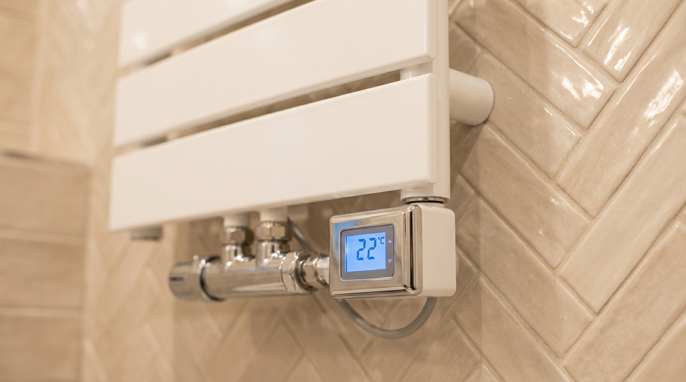 Zbliżenie na dolną część nowoczesnego, białego grzejnika łazienkowego, w którym zamontowana jest elegancka, chromowana grzałka elektryczna z cyfrowym wyświetlaczem. W tle widać fragment stylowo urządzonych, jasnych płytek łazienkowych, co podkreśla estetykę i funkcjonalność rozwiązania.