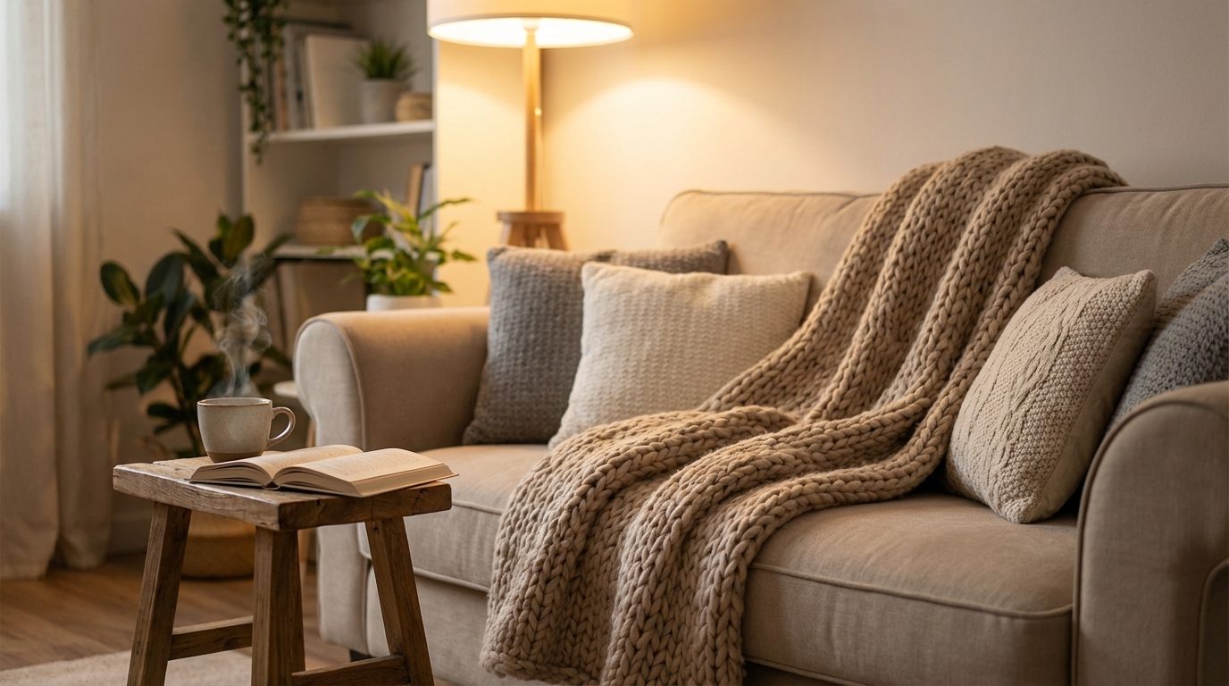 Zdjęcie przedstawiające przytulny kącik w salonie. Na wygodnej sofie w neutralnym kolorze nonszalancko rzucony jest gruby, wełniany pled w odcieniu beżu. Obok leży kilka miękkich poduszek o różnych fakturach. Na małym, drewnianym stoliku obok stoi filiżanka z parującym napojem i otwarta książka. Delikatne, ciepłe światło lampki tworzy intymną atmosferę.