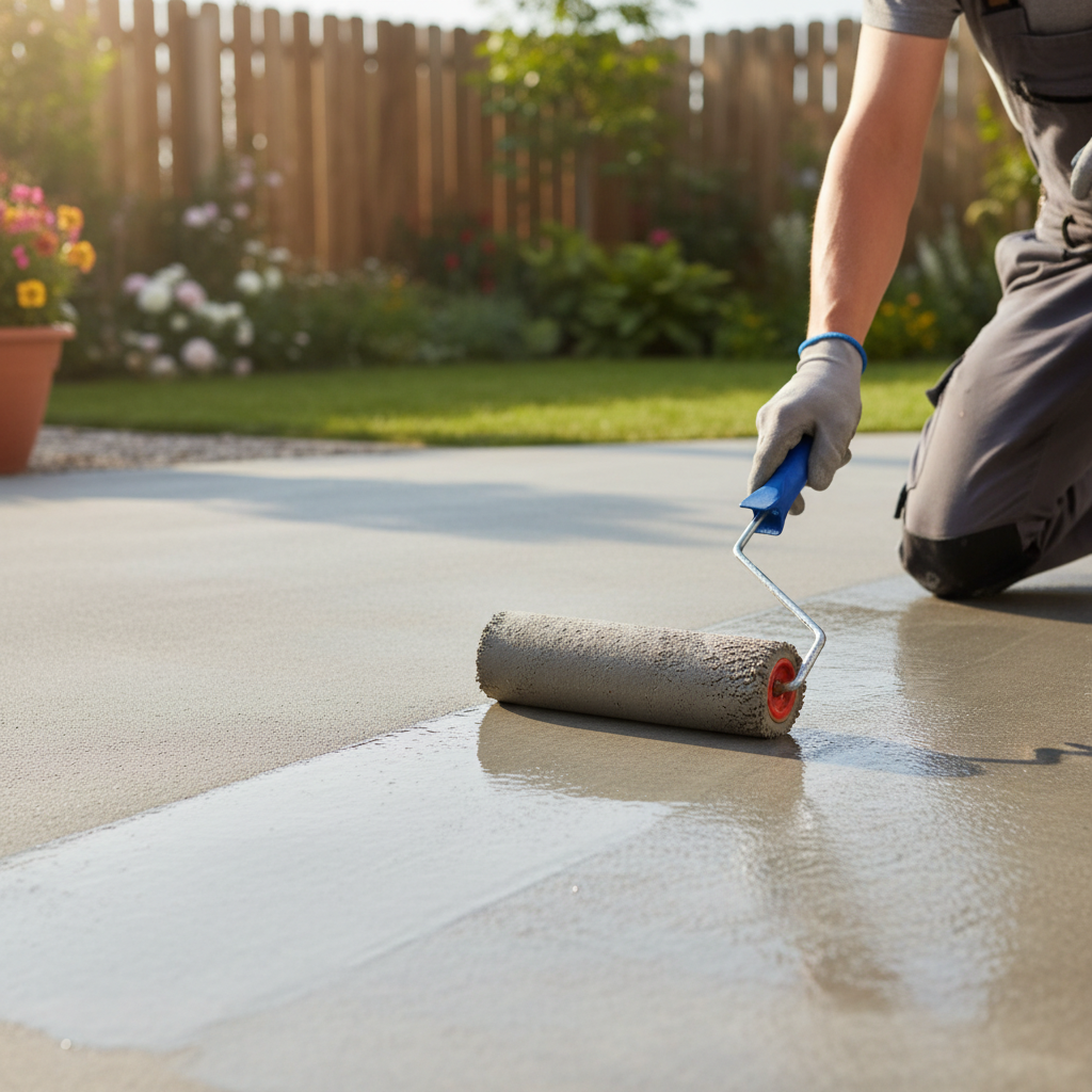 Zdjęcie przedstawiające osobę w rękawicach ochronnych, nakładającą impregnat na czystą, betonową posadzkę tarasu za pomocą wałka malarskiego. W tle widać fragment ogrodu, co podkreśla, że jest to praca wykonywana na zewnątrz. Słońce subtelnie oświetla scenę, tworząc efekt mokrej, świeżo zaimpregnowanej powierzchni.