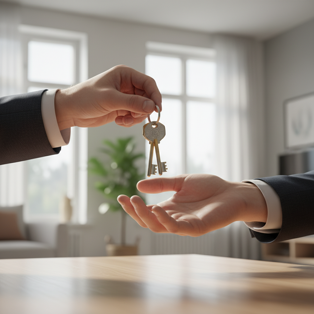 Zbliżenie na dłonie przekazujące klucze do nowego mieszkania, w tle nowoczesne, jasne wnętrze. Obraz symbolizuje spełnienie marzenia o własnym domu, co jest celem kredytu hipotecznego.