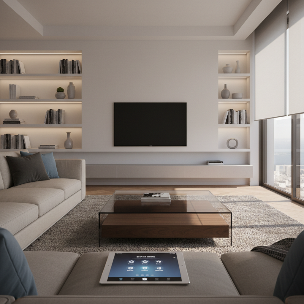 Nowoczesny salon z elegancko urządzonym wnętrzem. Na stoliku kawowym leży tablet z aplikacją do sterowania inteligentnym domem. W tle widać delikatnie podświetlone półki i okno z automatycznie podnoszącymi się roletami, przez które wpada poranne słońce.