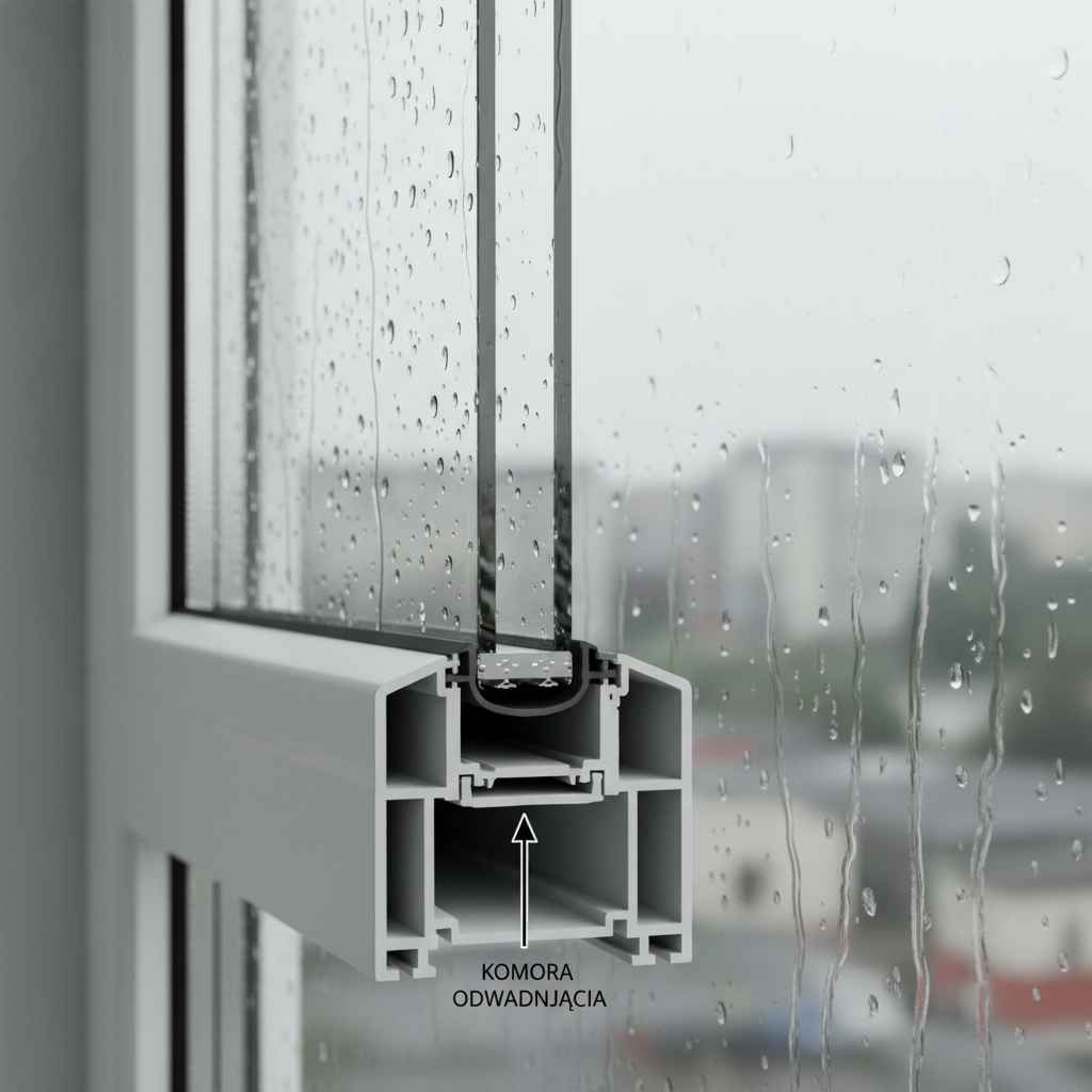 Przekrój profilu okiennego z wyraźnie zaznaczoną komorą odwadniającą. W tle widać krople deszczu spływające po zewnętrznej stronie szyby, co podkreśla funkcję tej komory.
