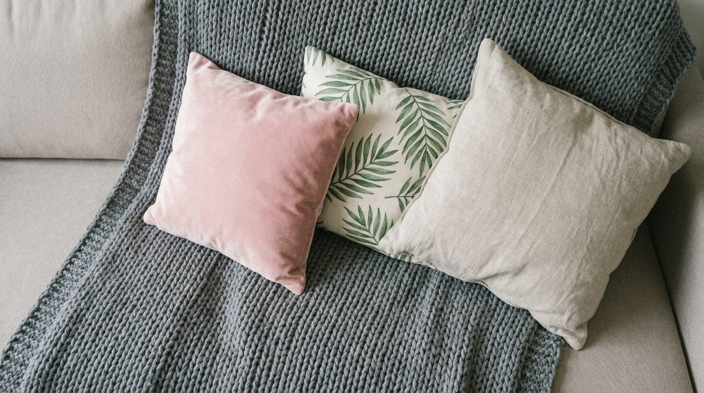 Stylowe ujęcie z góry na starannie ułożone tekstylia. Widoczny jest fragment łóżka lub sofy z narzuconym na nią grubym, dzierganym kocem w kolorze szarym. Na kocu leżą trzy poduszki: jedna pastelowo-różowa welurowa, druga z motywem liści w odcieniach zieleni, a trzecia z grubej, lnianej tkaniny. Kompozycja jest harmonijna i estetyczna.