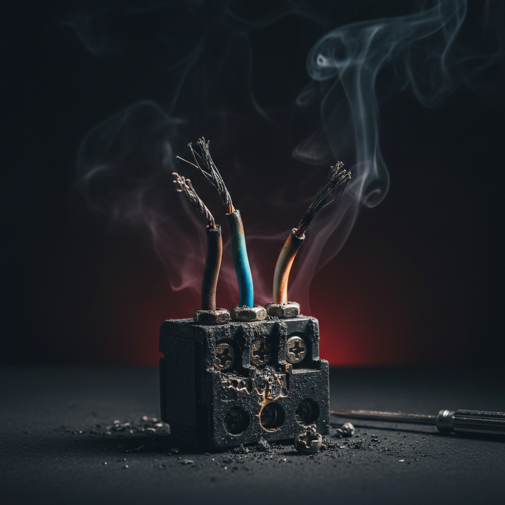 Zdjęcie makro pokazujące nadpaloną, osmoloną kostkę śrubową z poluzowanymi śrubami i postrzępionymi końcówkami przewodów typu linka. Obok leży mały śrubokręt. Tło jest ciemne i dramatyczne, podkreślając zagrożenie.