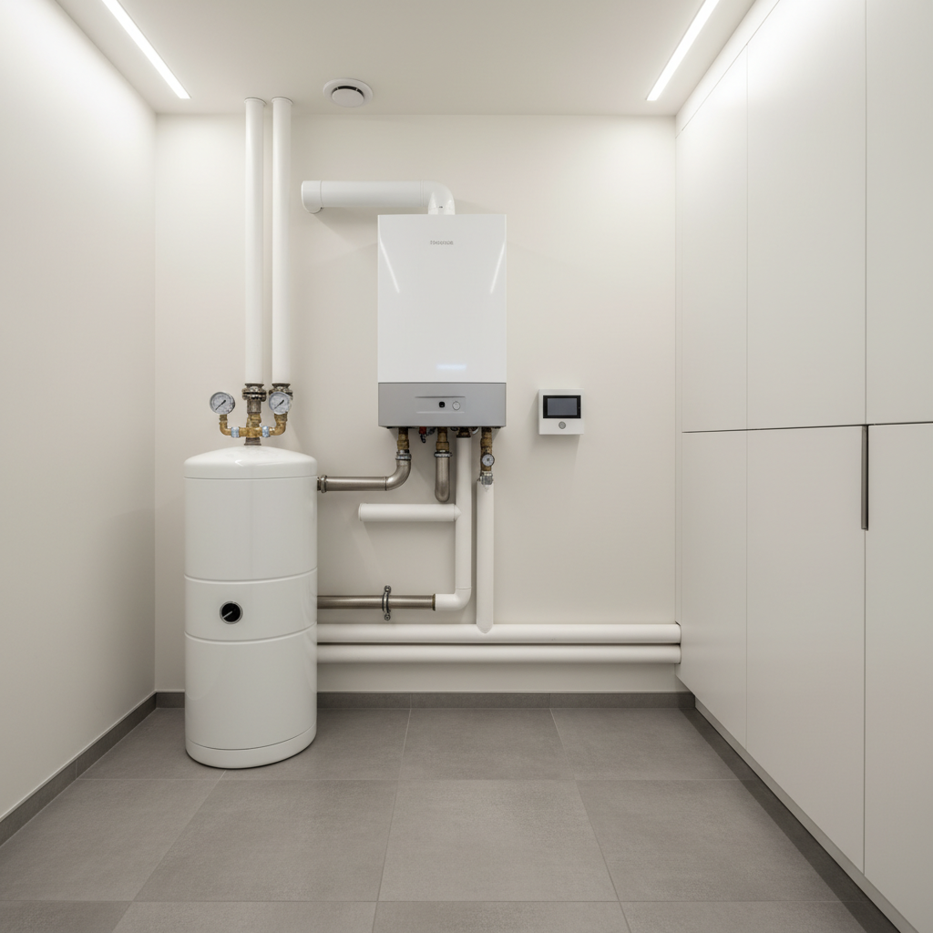 Nowoczesna kotłownia z elegancko zamontowanym wiszącym kotłem jednofunkcyjnym połączonym z wolnostojącym, estetycznym zasobnikiem c.w.u. Całość jest schludna i uporządkowana, pokazując zaawansowane, ale estetyczne rozwiązanie.