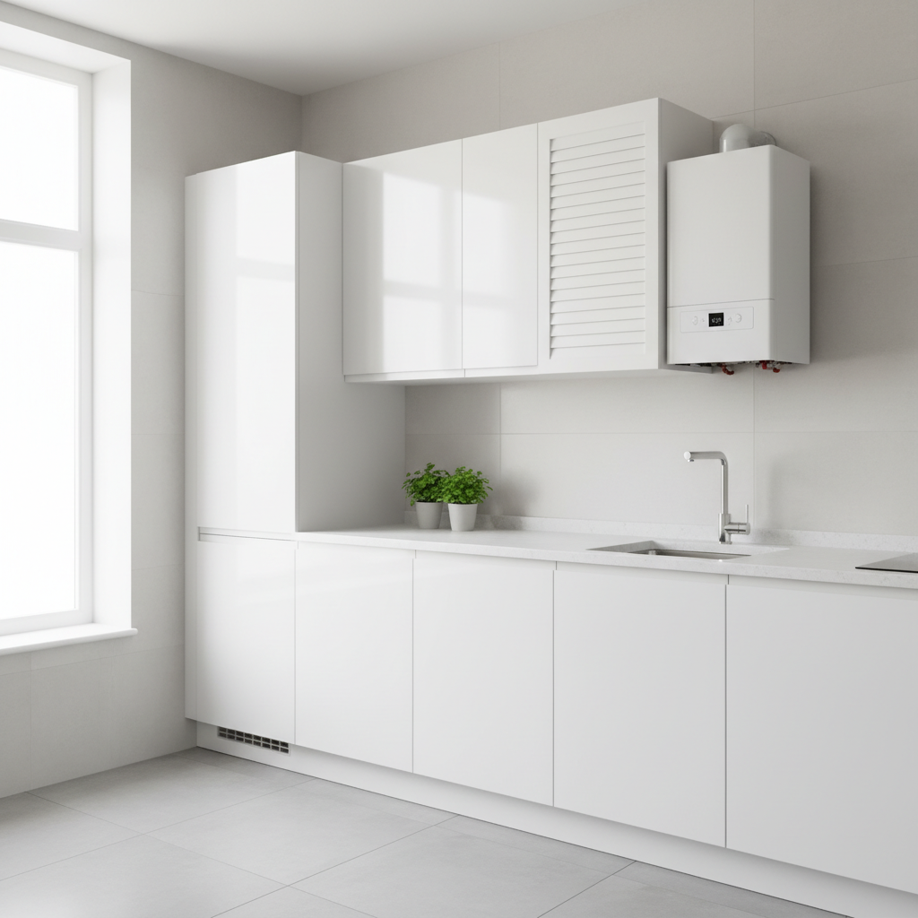 Jasna, nowoczesna kuchnia z białymi szafkami. Na ścianie, estetycznie wkomponowany w zabudowę, widoczny jest kompaktowy kocioł dwufunkcyjny. W tle widać zlewozmywak, co podkreśla bliskość urządzenia do punktu poboru wody.