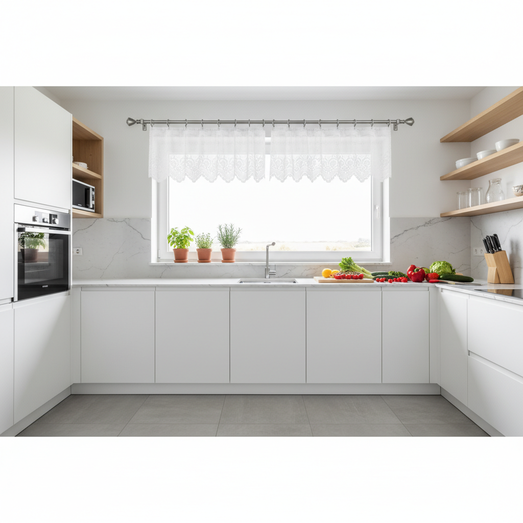 Jasna, nowoczesna kuchnia z dużym oknem nad zlewem. Na oknie wisi krótka, biała firanka na cienkim, metalowym karniszu w kolorze srebrnym. Na parapecie stoją doniczki z ziołami, a na blacie widać świeże warzywa.