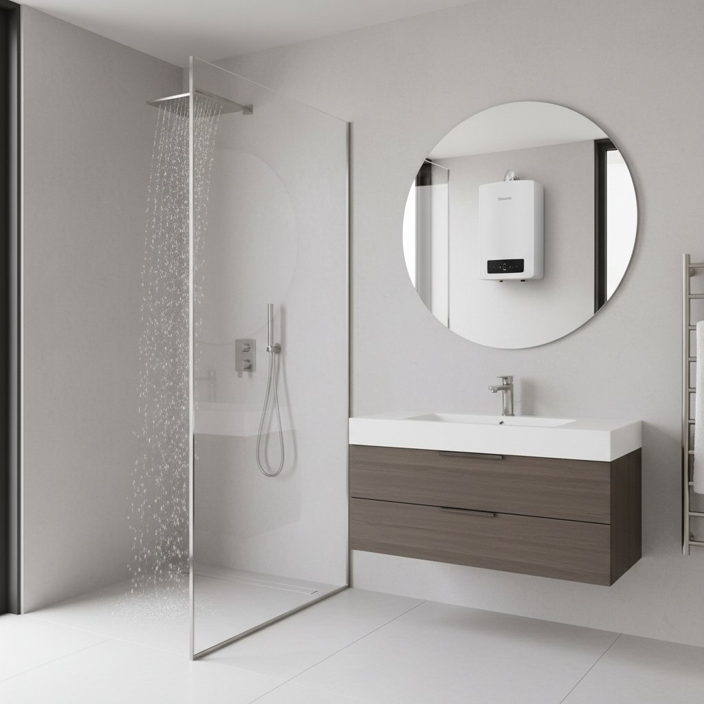 Nowoczesna, minimalistyczna łazienka z prysznicem typu walk-in i elegancką armaturą. Przez szklane drzwi widać strumień ciepłej wody, sugerujący komfort i wygodę. W tle dyskretnie zamontowany na ścianie, niewielki, biały kocioł gazowy, symbolizujący nowoczesne ogrzewanie.