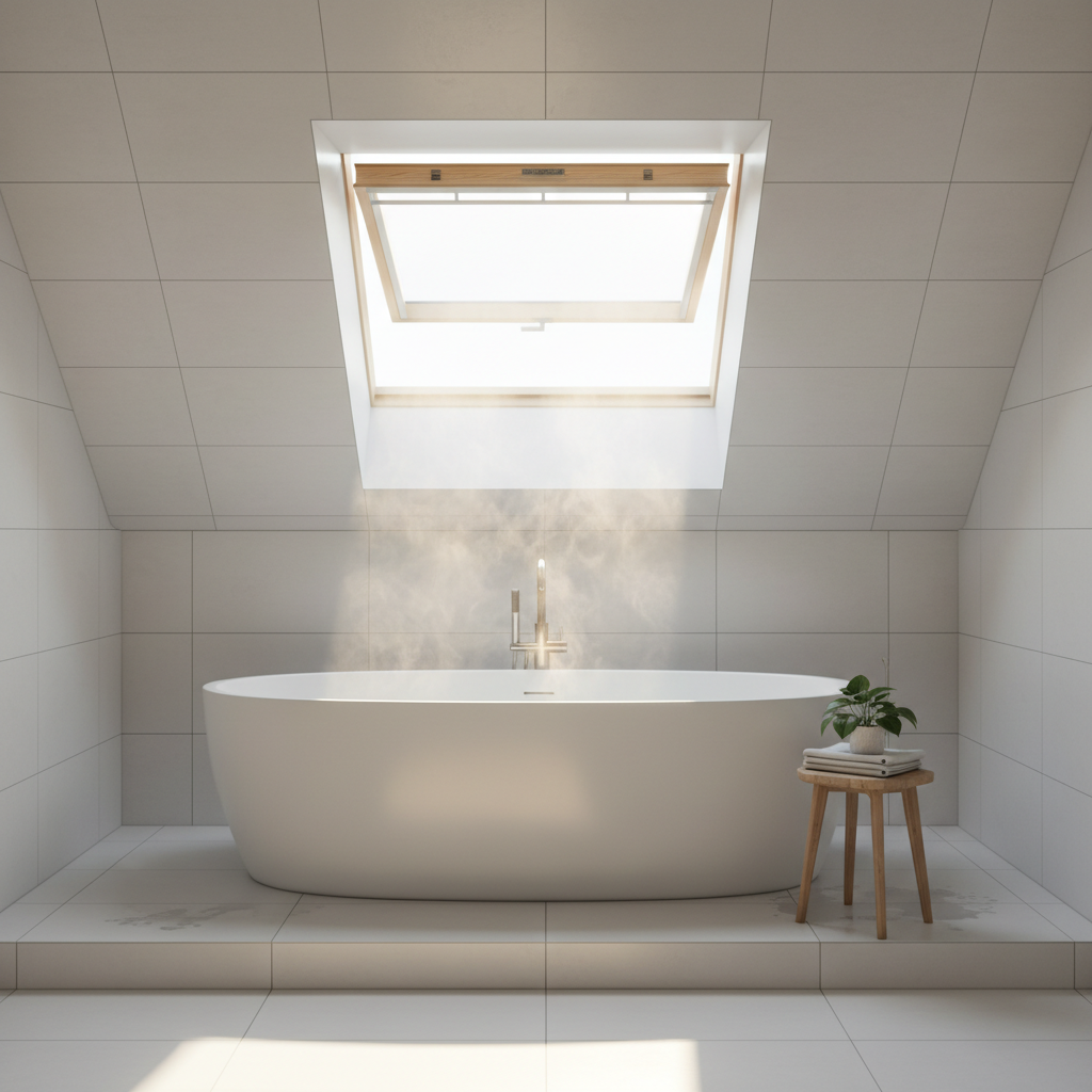 Jasna, nowoczesna łazienka na poddaszu z białymi płytkami i wolnostojącą wanną. Nad wanną zamontowane jest okno dachowe, przez które wpada naturalne światło, tworząc relaksującą atmosferę. Para wodna unosi się delikatnie w kierunku otwartego okna, podkreślając jego funkcjonalność w wilgotnym pomieszczeniu.