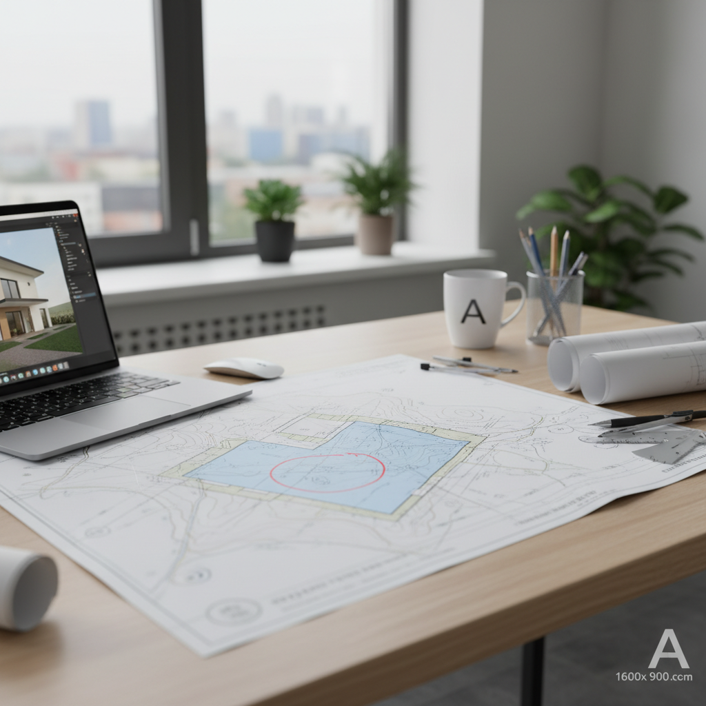 Nowoczesne biurko architekta z rozłożoną mapą geodezyjną, na której widać działkę budowlaną. W tle laptop z otwartym programem do projektowania domów. Kompozycja jest jasna, profesjonalna i wzbudza zaufanie.