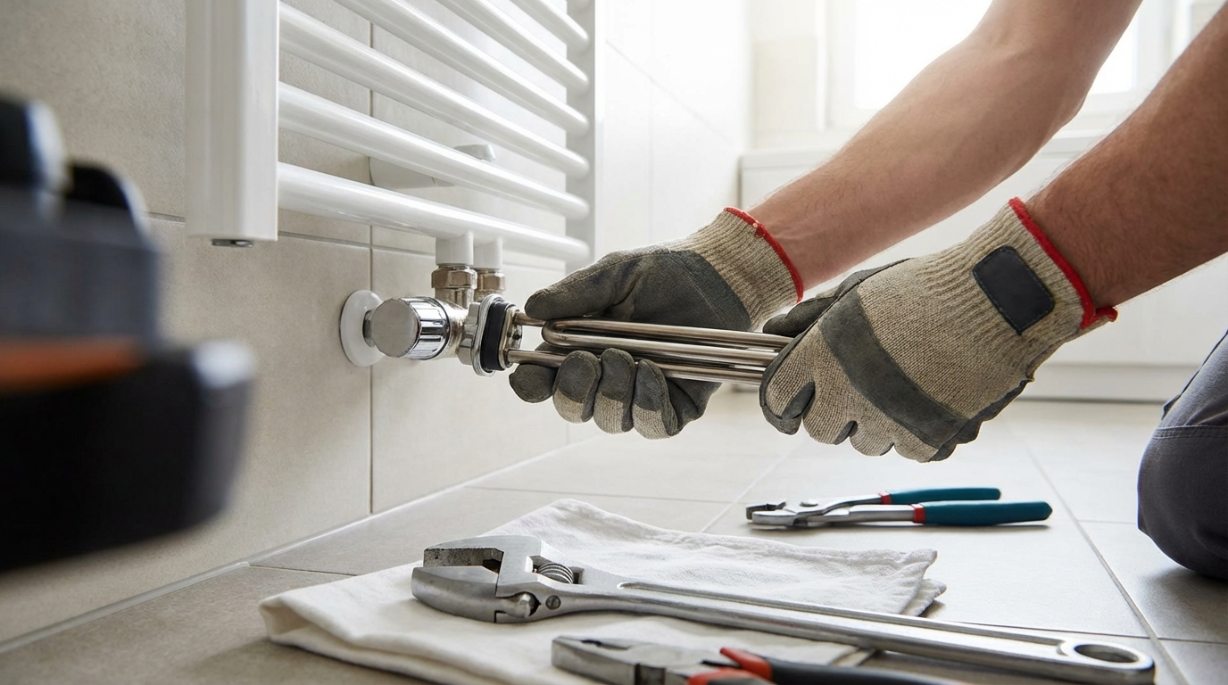Zbliżenie na ręce instalatora w rękawicach roboczych, który montuje grzałkę elektryczną w dolnej części grzejnika łazienkowego. Widoczne narzędzia, takie jak klucz nastawny, leżą obok. Kadr jest jasny, czysty i podkreśla profesjonalizm pracy.