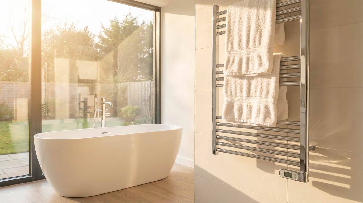 Jasna, nowoczesna łazienka z wolnostojącą wanną i dużym oknem. Na ścianie wisi elegancki, chromowany grzejnik drabinkowy, na którym powieszone są puszyste, białe ręczniki. Słońce delikatnie wpada przez okno, tworząc ciepłą i przytulną atmosferę. Grzałka jest dyskretnie zamontowana w dolnej części grzejnika.