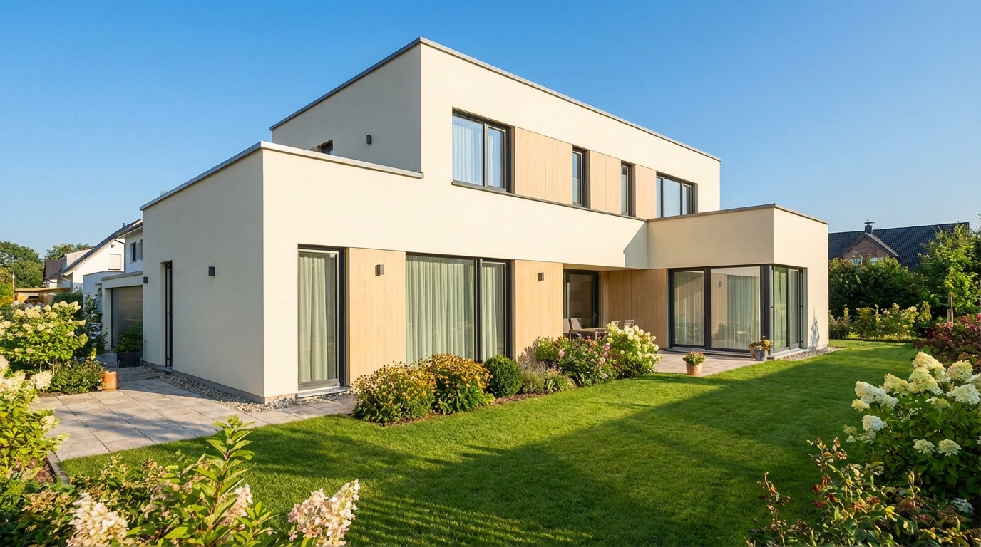 Piękny, nowoczesny dom jednorodzinny z jasną, estetyczną elewacją wykonaną w technologii ETICS. Słoneczny dzień, zadbany ogród wokół domu, co podkreśla elegancję i jakość wykonania.
