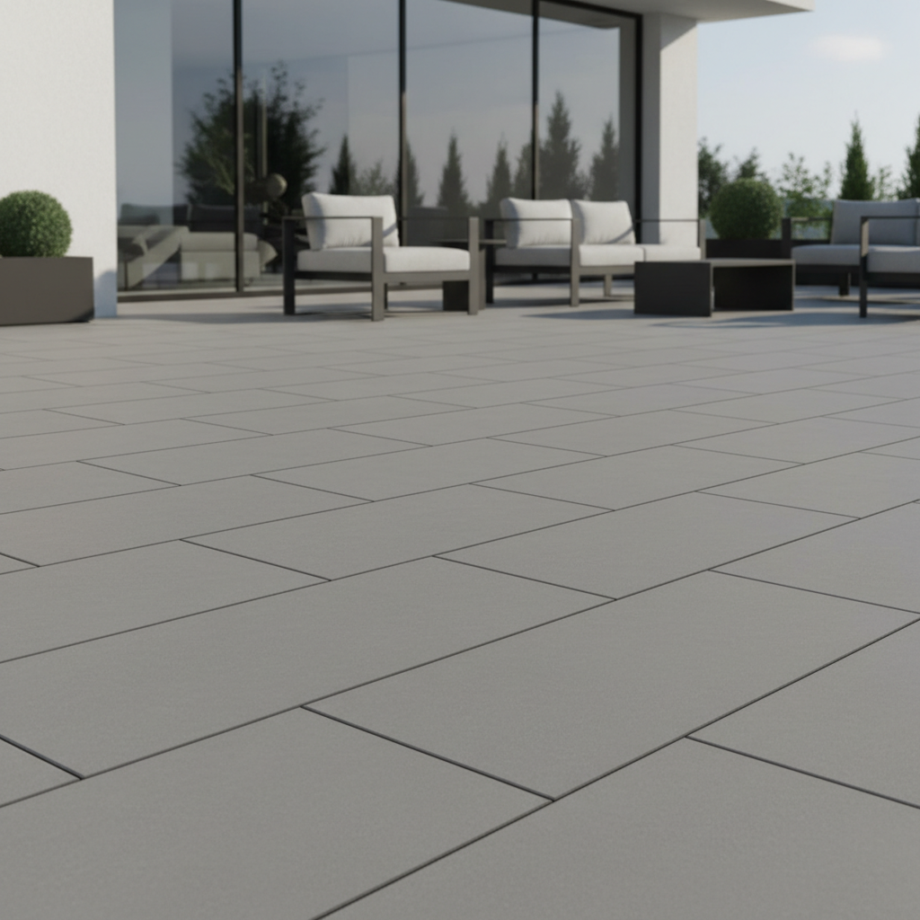 Nowoczesny, minimalistyczny taras wyłożony dużą, prostokątną kostką bezfazową w odcieniach szarości. W tle widoczny jest fragment nowoczesnego domu z dużymi przeszkleniami oraz proste, geometryczne meble ogrodowe. Słońce delikatnie oświetla gładką, jednolitą powierzchnię kostki, podkreślając jej elegancję.