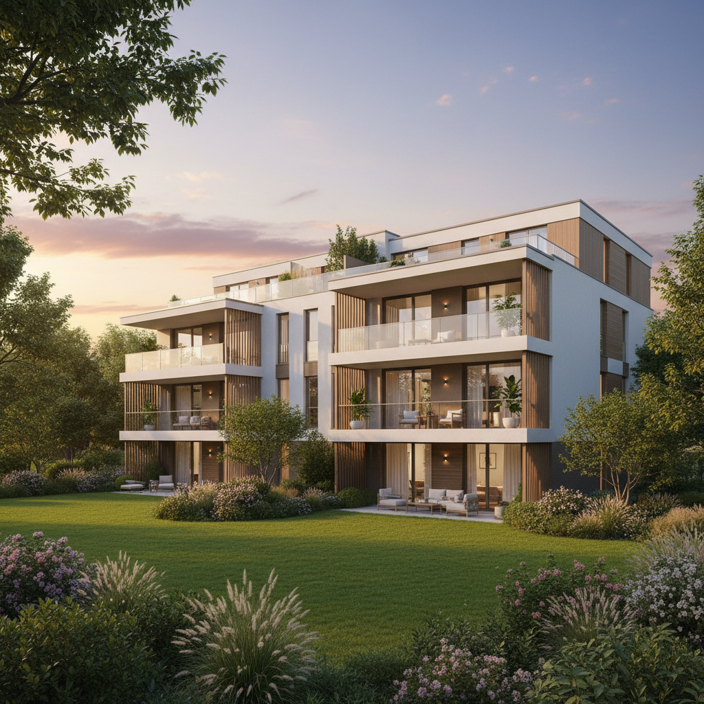 Elegancki, nowoczesny budynek mieszkalny o niskiej zabudowie, otoczony zadbaną zielenią, z widocznymi balkonami i tarasami. Ciepłe, popołudniowe słońce oświetla fasadę.