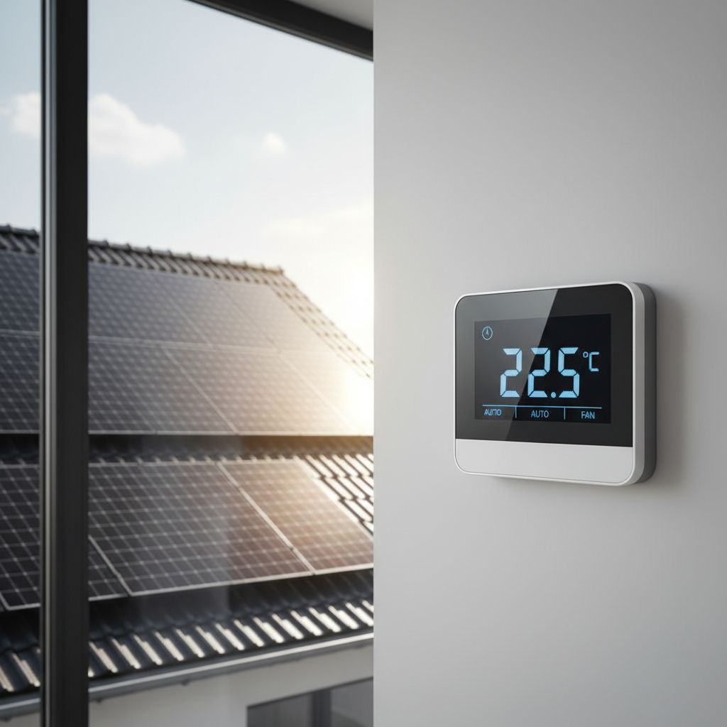 Estetyczny, nowoczesny termostat ścienny wyświetlający aktualną temperaturę. W tle, przez okno, widać panele słoneczne na dachu domu, skąpane w słońcu.