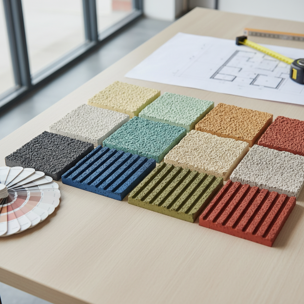 Estetyczna prezentacja palety barw dostępnych dla tynków akrylowych. Można pokazać wachlarz kolorów lub zbliżenie na próbki tynku w różnych odcieniach, z fakturą "baranka" i "kornika".