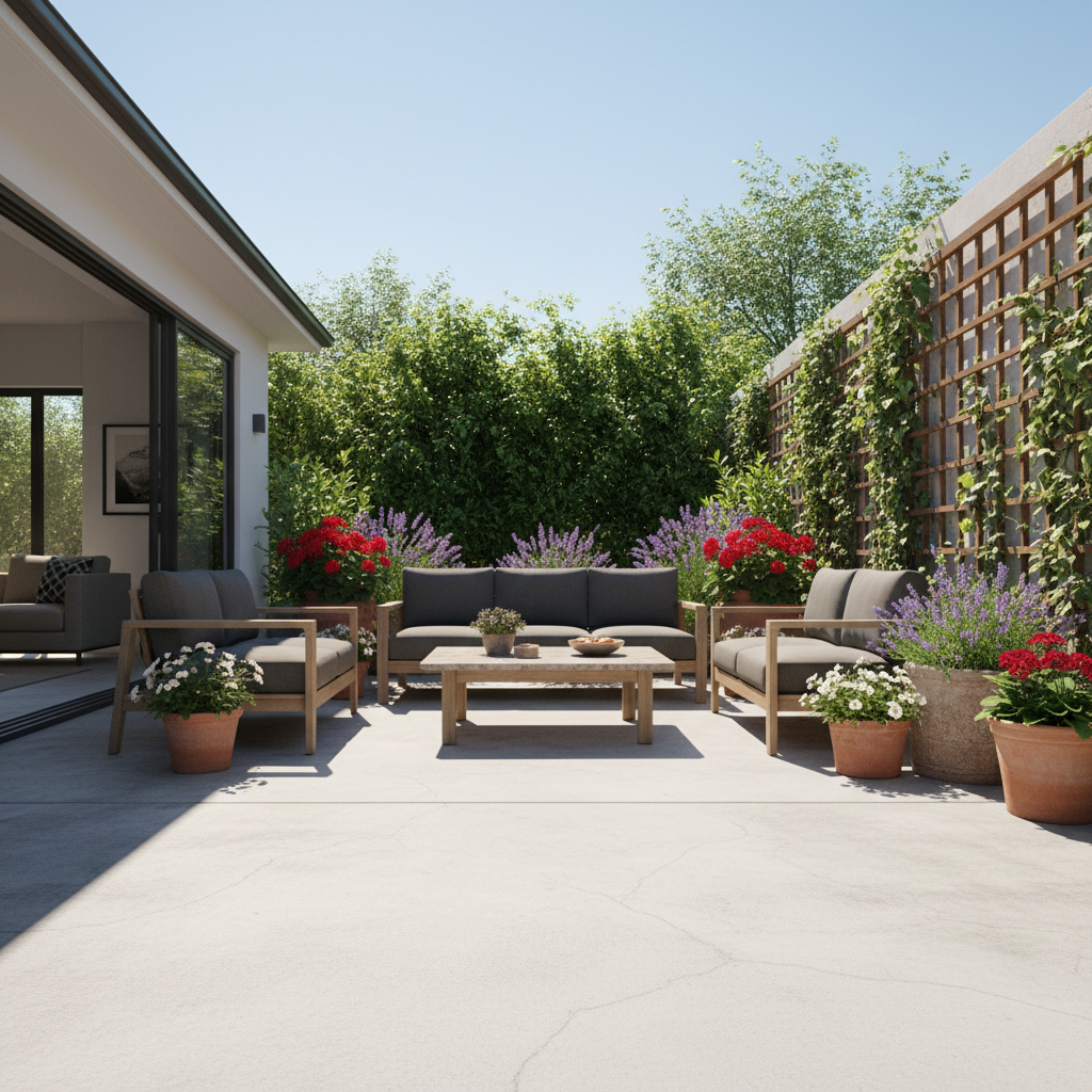 Zdjęcie przedstawia piękny, zadbany taras w słoneczny dzień. Na pierwszym planie widoczna jest czysta, betonowa nawierzchnia z delikatną teksturą. W tle znajdują się nowoczesne meble ogrodowe, bujna zieleń i donice z kwiatami, tworząc atmosferę relaksu i komfortu. Zdjęcie wykonane z niskiej perspektywy, aby podkreślić jakość i estetykę posadzki.