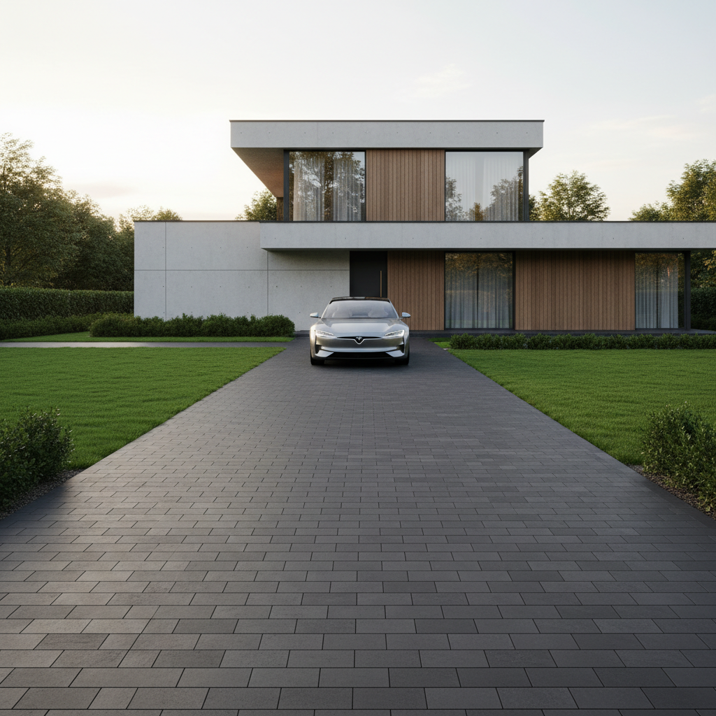 Szeroki, elegancki podjazd do nowoczesnego domu, wyłożony prostokątną kostką bezfazową w ciemnym, grafitowym kolorze. Na podjeździe stoi nowoczesny samochód. Gładka powierzchnia kostki pięknie kontrastuje z zielenią zadbanego trawnika i minimalistyczną architekturą budynku.