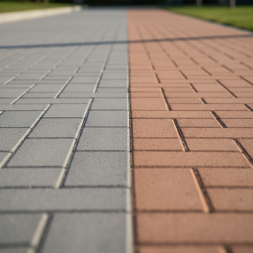 Zbliżenie na dwie sąsiadujące ze sobą powierzchnie brukowe. Po lewej stronie gładka, jednolita nawierzchnia z szarej kostki bezfazowej. Po prawej, dla kontrastu, tradycyjna kostka z wyraźnie zaznaczonymi fazami, tworząca geometryczny wzór. Zdjęcie wykonane z niskiej perspektywy, aby podkreślić różnicę w fakturze i wyglądzie obu powierzchni.