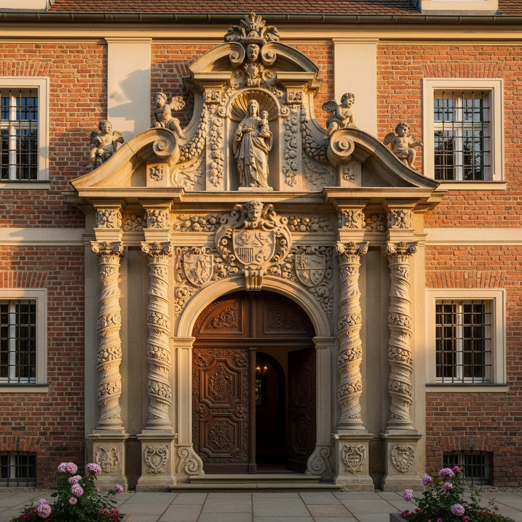 Artystyczne ujęcie odrestaurowanego, bogato zdobionego barokowego portalu wejściowego do Dawnego Dworu Opatów Cysterskich. Światło subtelnie podkreśla rzeźbione detale, tworząc grę cieni i świateł, a w tle widać fragment odnowionej elewacji.