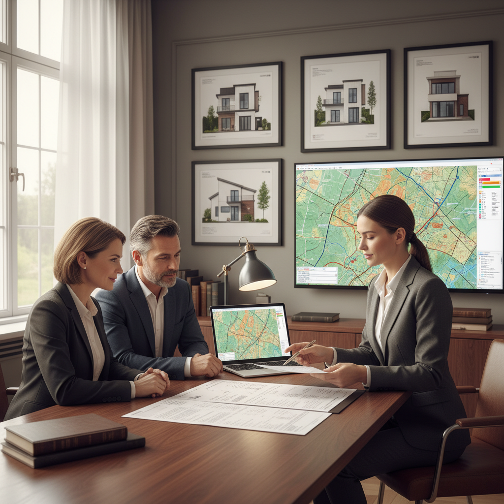 Eleganckie biuro, w którym agent nieruchomości pokazuje klientom dokumenty działki. W tle widać plany architektoniczne i laptop z otwartą mapą geodezyjną. Scena emanuje profesjonalizmem i zaufaniem.