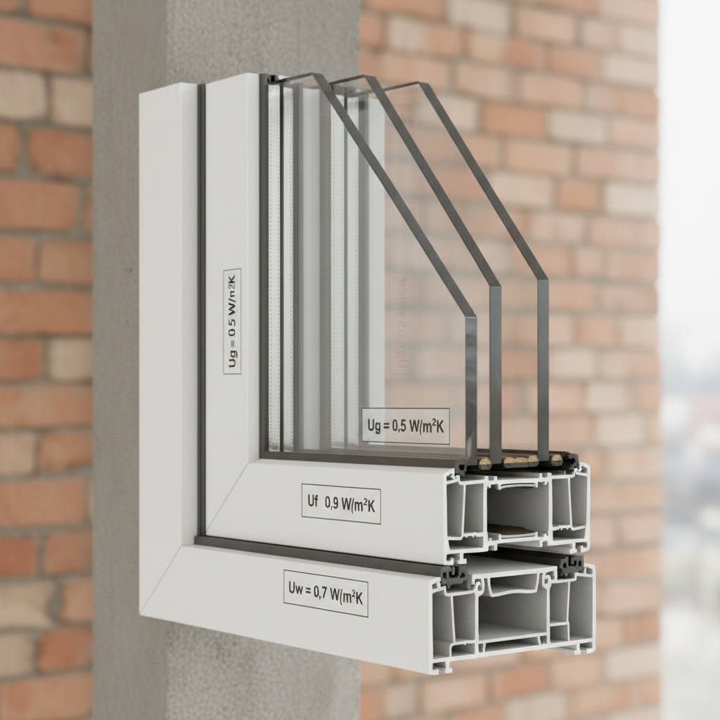 Przekrój nowoczesnego, trzyszybowego okna PCV, z widocznymi komorami w ramie, uszczelkami i ciepłą ramką międzyszybową. Na poszczególnych elementach (szyba, rama) mogą być widoczne etykiety z wartościami Ug i Uf, a na całym oknie etykieta z Uw.