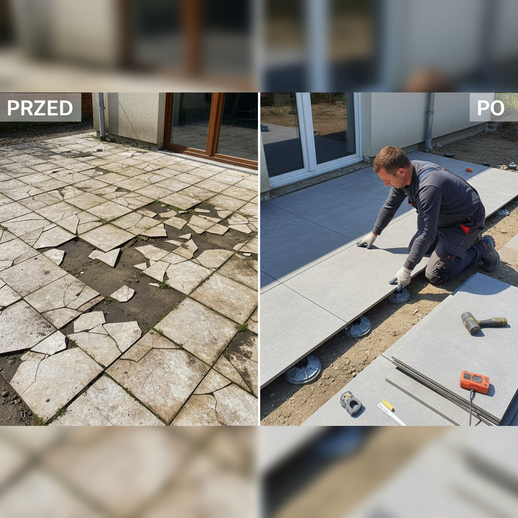 Zdjęcie przedstawiające proces renowacji starego, zniszczonego tarasu z popękanymi płytkami. Na jednej połowie widoczne są stare, uszkodzone kafelki, a na drugiej połowie robotnik układa już nowe płyty na regulowanych wspornikach, demonstrując prostotę i szybkość montażu. Zdjęcie ma charakter instruktażowy, pokazując 