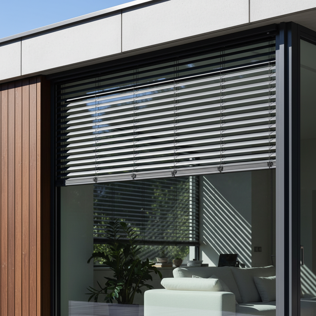 Eleganckie, nowoczesne okno z zewnątrz, z częściowo opuszczoną żaluzją fasadową lub roletą zewnętrzną, która rzuca cień na wnętrze. Słońce świeci jasno, podkreślając funkcję ochronną osłony.