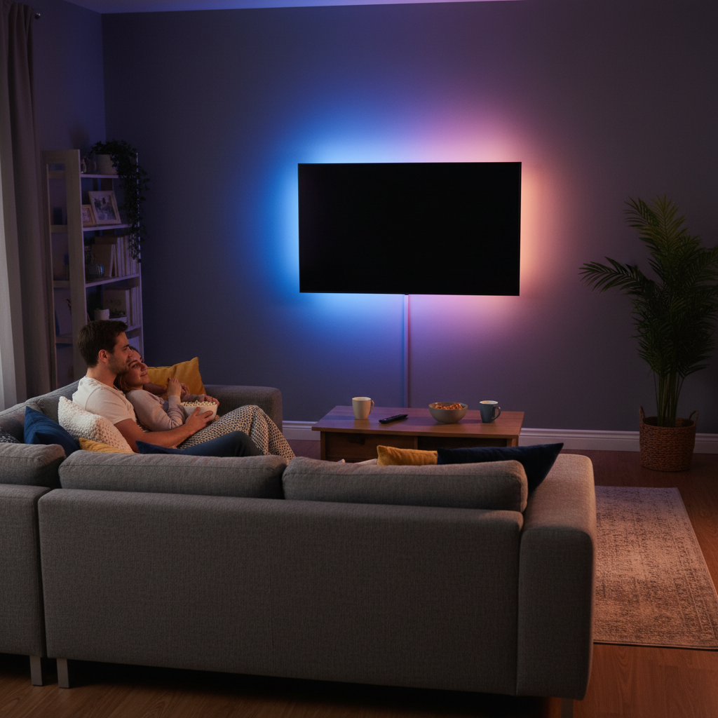 Przytulny salon z dużym telewizorem na ścianie, otoczony dyskretnym, kolorowym podświetleniem LED. Na kanapie siedzi zrelaksowana para, ciesząca się wieczornym seansem filmowym.