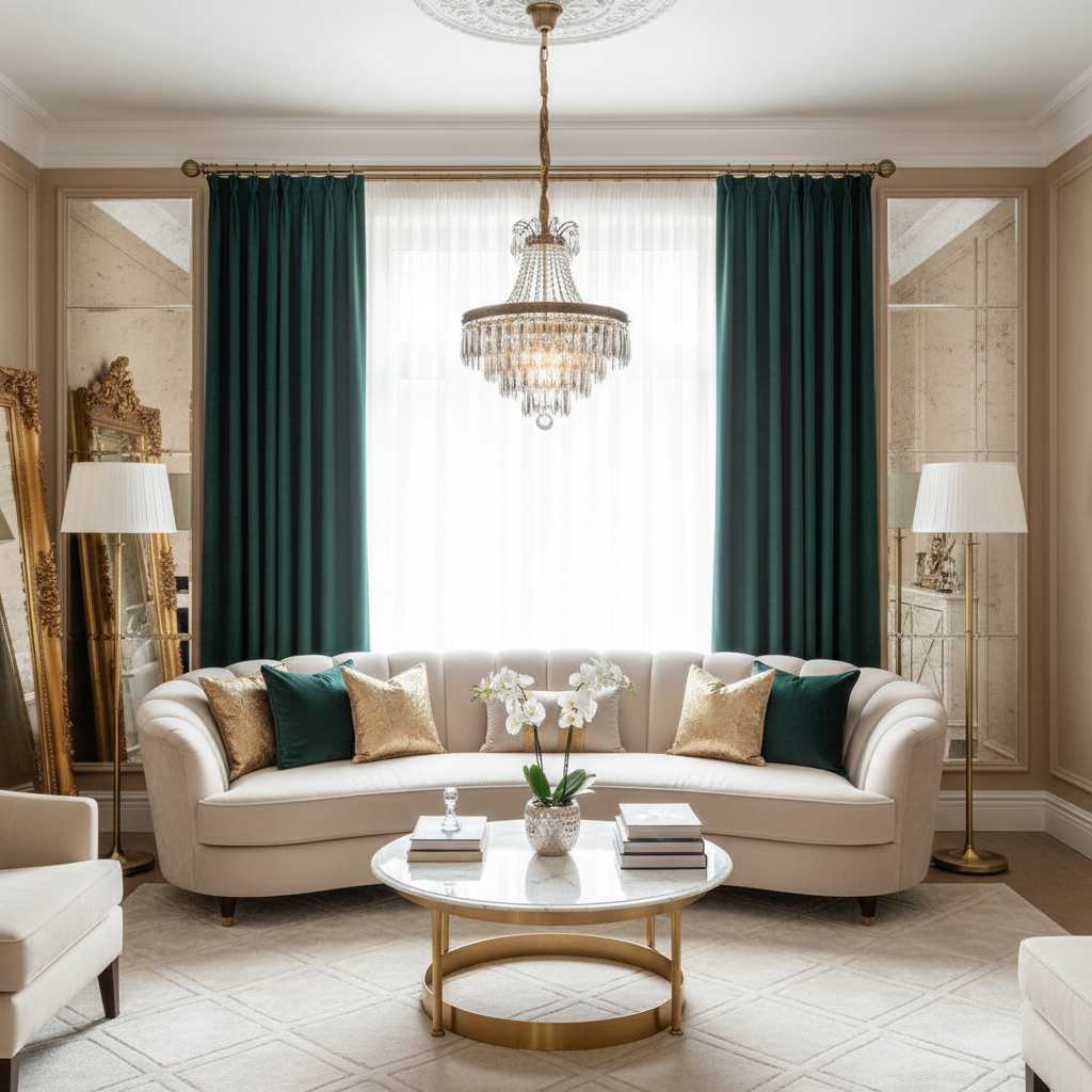 Elegancki salon w stylu glamour, z dużym oknem od podłogi do sufitu. Na oknie wiszą ciężkie, welurowe zasłony w kolorze butelkowej zieleni, na ozdobnym, metalowym karniszu w kolorze starego złota z kryształowymi zakończeniami. Wnętrze jest jasne, z dużą kanapą, stolikiem kawowym i eleganckim oświetleniem.