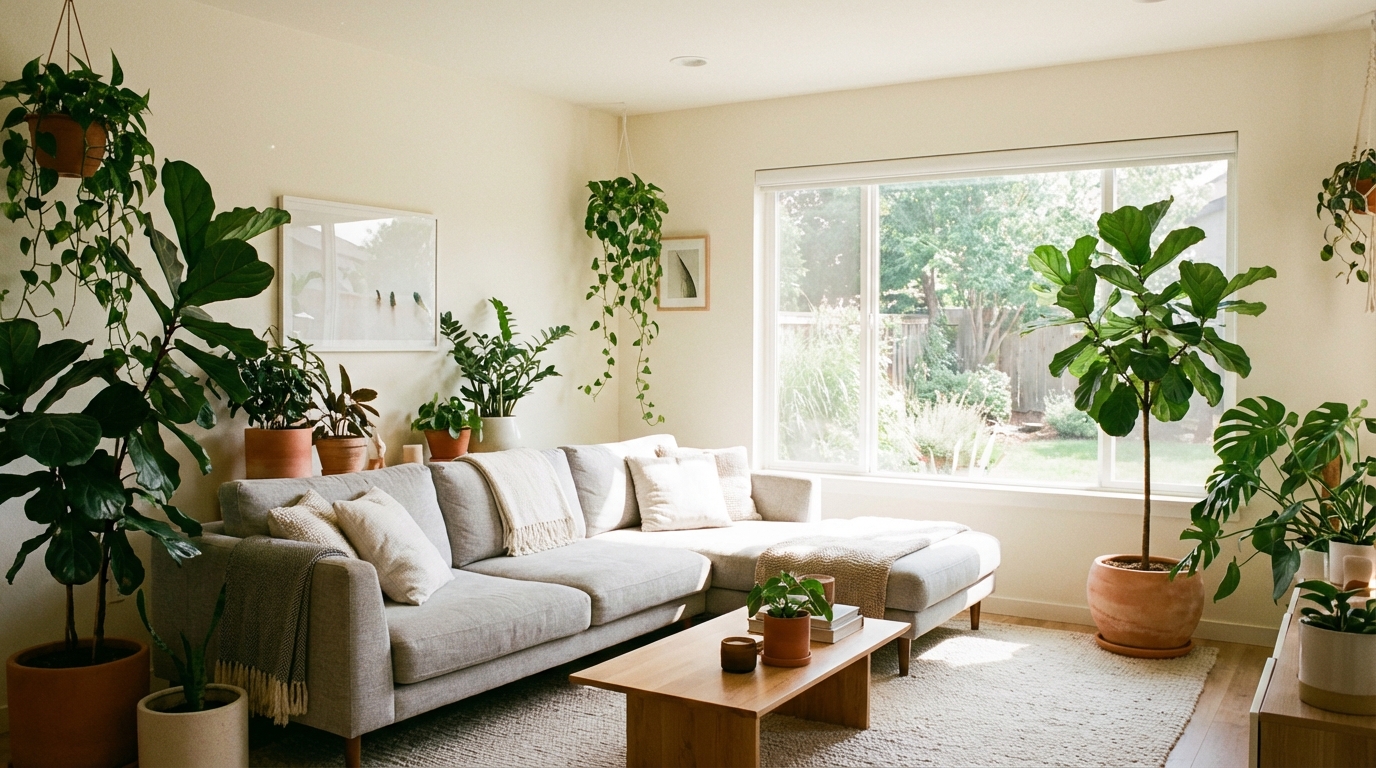 Nowoczesny, jasny salon z dużą sofą, ozdobiony zielonymi roślinami. Ściany pomalowane są na spokojny, neutralny kolor, a przez duże okno wpada naturalne światło, podkreślając czystość i świeżość wnętrza.