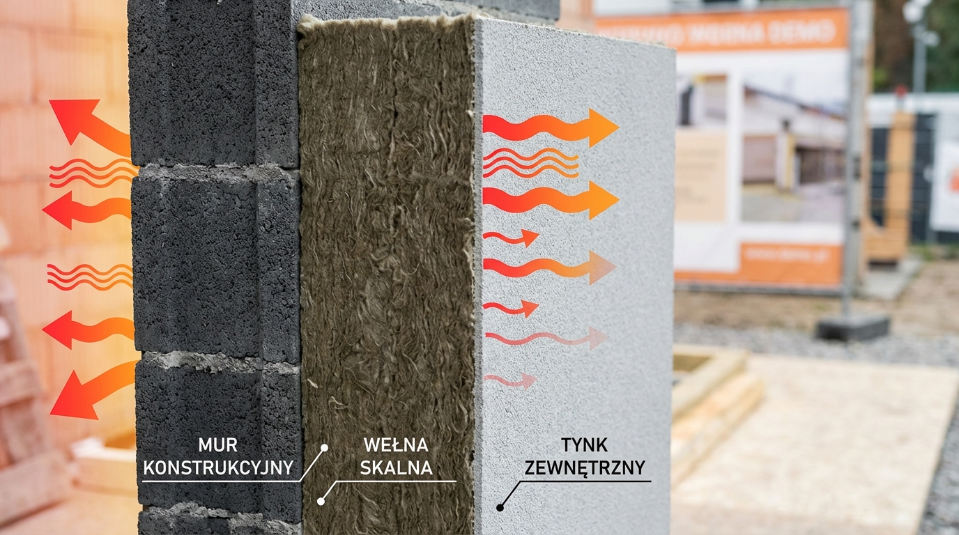 Przekrój nowoczesnej ściany dwuwarstwowej, na którym widoczne są poszczególne warstwy: mur konstrukcyjny, gruba warstwa izolacji z wełny skalnej oraz tynk zewnętrzny. Obok przekroju mogą być widoczne strzałki symbolizujące ucieczkę ciepła, która jest minimalizowana przez izolację.