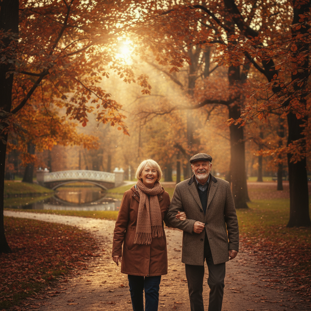 Uśmiechnięta para seniorów spacerująca alejką w Parku Południowym, w tle widać piękne, jesienne drzewa i słońce przebijające przez liście.
