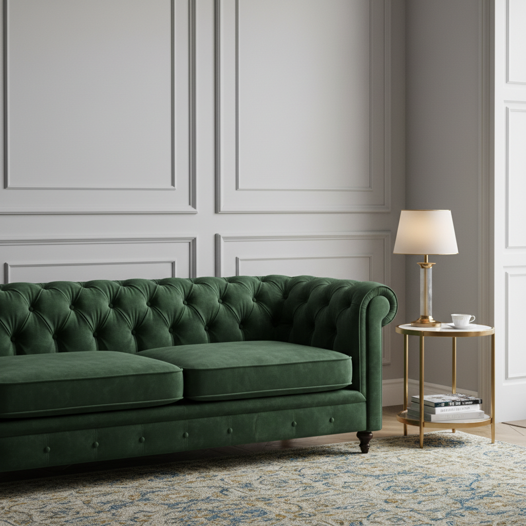 Elegancka, pikowana sofa w kolorze butelkowej zieleni lub granatu, obita aksamitem. Stoi na tle ściany z subtelną sztukaterią. Obok sofy znajduje się mały, złoty stolik pomocniczy z marmurowym blatem i stylową lampą.