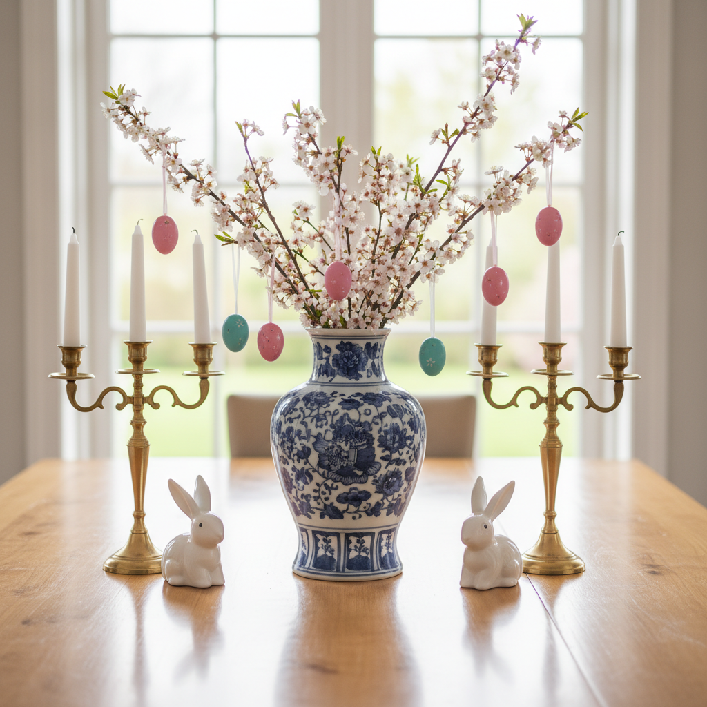 Jasny stół z centralnie umieszczoną niebiesko-białą wazą z chińskiej porcelany, wypełnioną gałązkami kwitnącej wiśni. Na gałązkach wiszą małe, różowe i turkusowe pisanki. Obok stoją eleganckie, złote świeczniki i białe, ceramiczne zające.