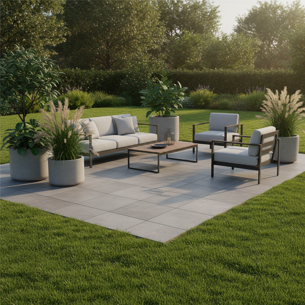Zdjęcie przedstawia nowoczesny, minimalistyczny taras wentylowany w ogrodzie, wykonany z dużych, szarych płyt gresowych. Widoczne są eleganckie meble ogrodowe, donice z roślinnością oraz starannie wypielęgnowany trawnik otaczający taras. Słońce delikatnie oświetla scenę, tworząc ciepłą i przytulną atmosferę.