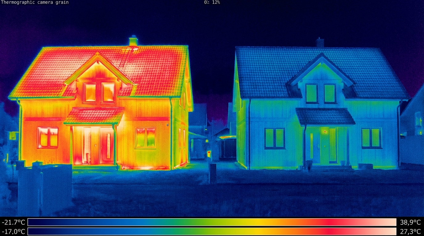 Dwa identyczne domy obok siebie, pokazane w termowizji. Jeden dom (po lewej) ma wyraźne "czerwone" plamy na dachu i ścianach, symbolizujące ucieczkę ciepła. Drugi dom (po prawej), ocieplony zgodnie z nowymi WT, jest w chłodniejszych, "niebieskich" barwach, co ilustruje minimalne straty energii.