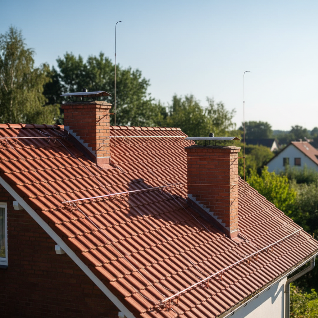 Zdjęcie przedstawiające dach domu z widoczną, estetycznie zamontowaną siatką przewodów tradycyjnej instalacji odgromowej. Słoneczny dzień, aby podkreślić, że to zabezpieczenie działa w tle. Widać przewody biegnące wzdłuż kalenicy i krawędzi dachu oraz zwody pionowe na kominach.